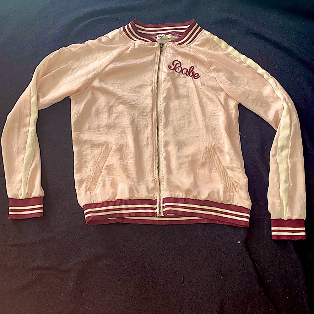 Zip-up Bomber-Jacket | Peachy-Cream with White Burgundy stripes | About A Girl